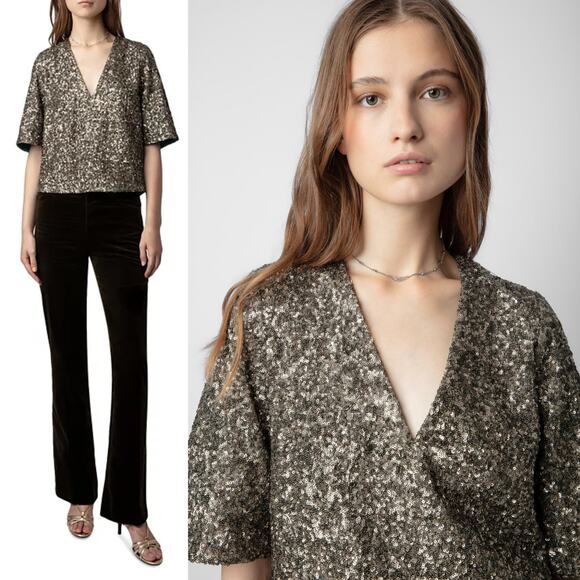 Zadig & Voltaire Tytane Sequin Embellished Short Sleeve Silk V Neck Top Medium - Picture 1 of 10